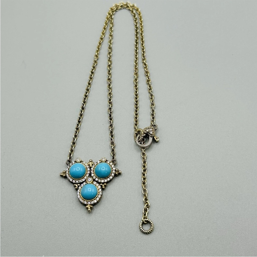 Judith Ripka 3 Turquoise in CZ Circles on 18” Sterling Silver Chain (looks gold)